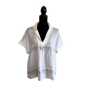 Soft Surroundings Woman’s Med Striped Button Back Short Sleeve Collard Tunic Top